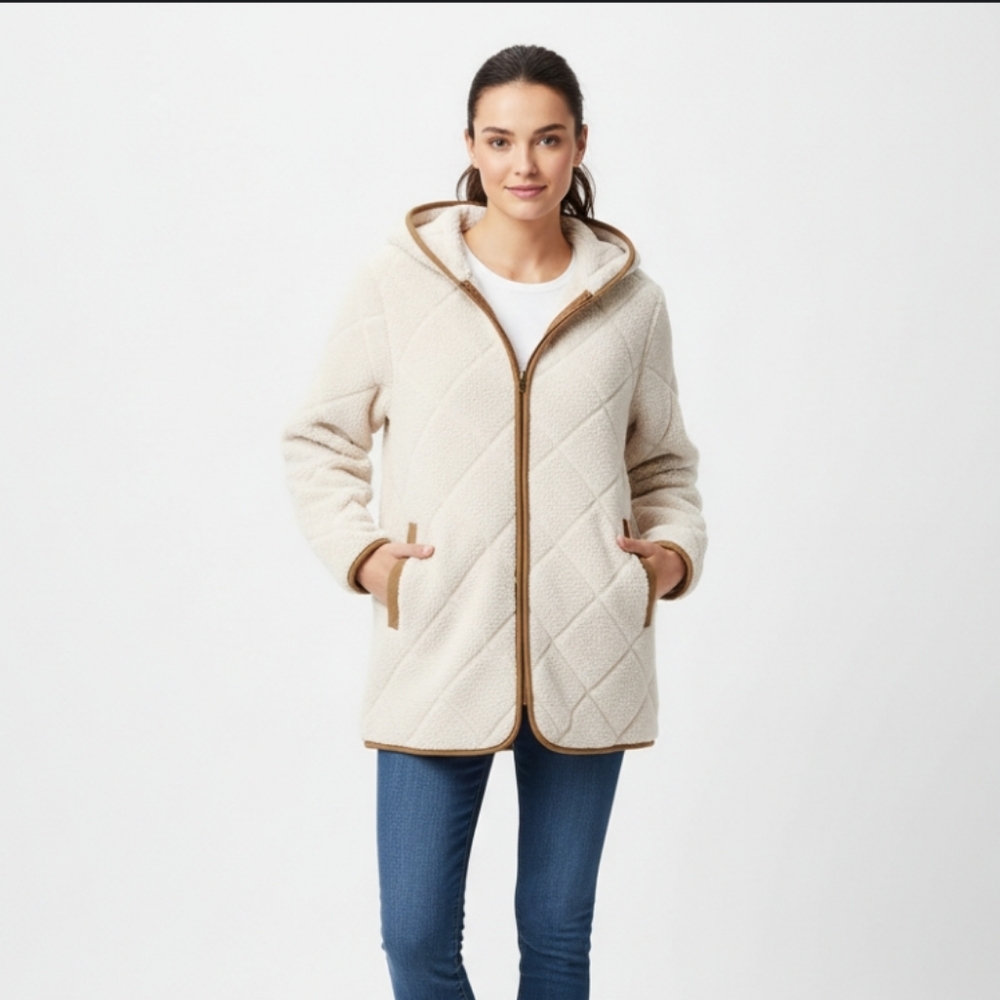 JONES NEW YORK Womens Sherpa Fleece Quilted Hooded Coat Jacket Beige Full Zip Sm